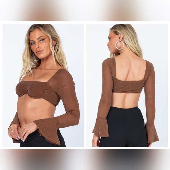 NWT Princess Polly Devin Structured Flare‎ Sleeve Sparkly Mesh Crop Top Size 12 - Picture 1 of 11